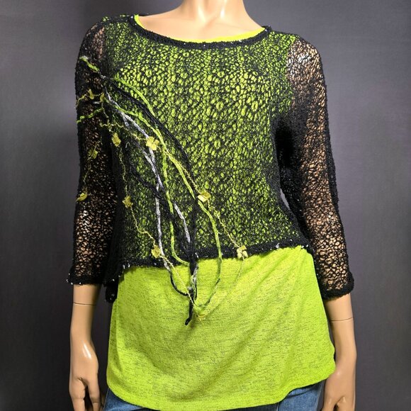 Vintage Layered Mesh Top Green Black  2 Piece Size L Fairy Grunge Avant Garde - Picture 1 of 11
